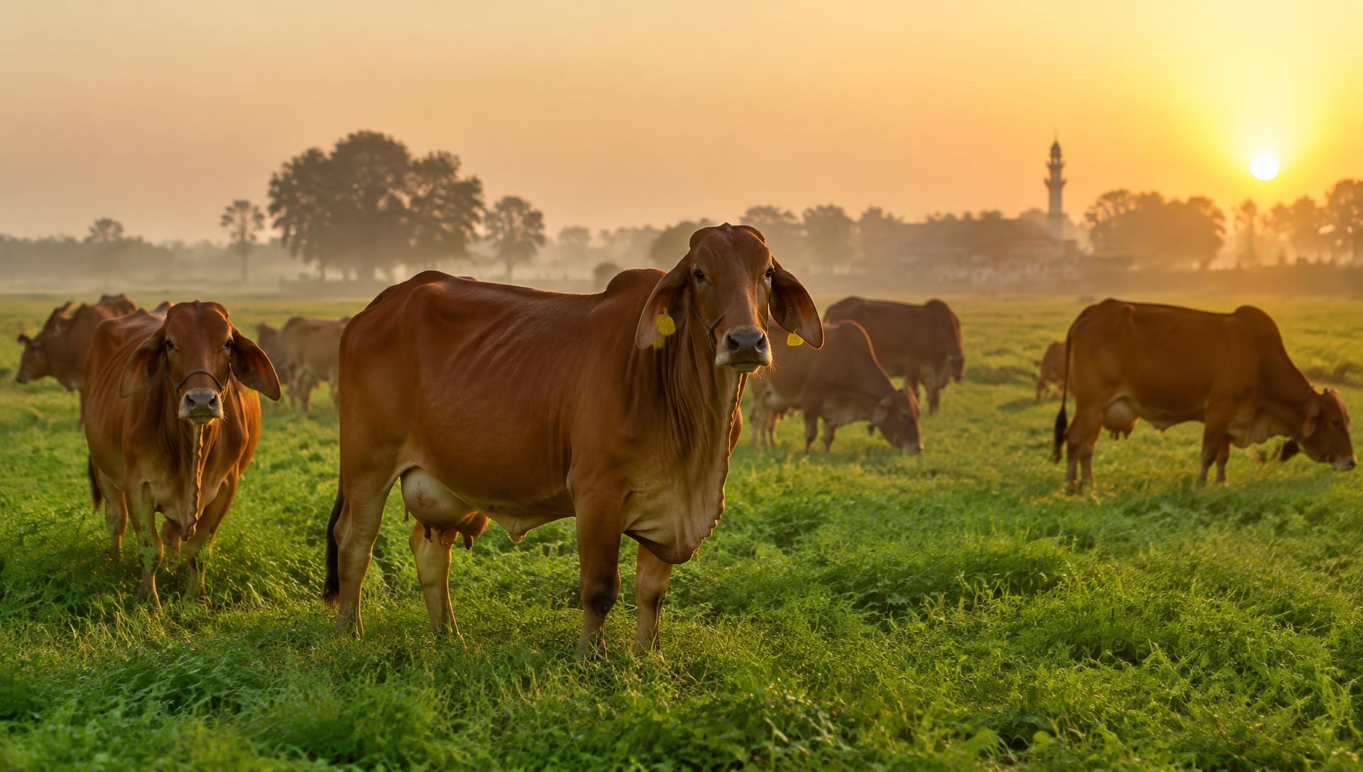 Healthy dairy cattle grazing in a green pasture at golden hour